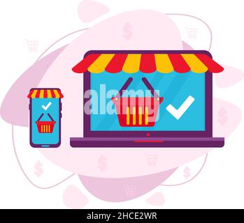 Il concetto di shopping online con un notebook e uno smartphone aperti. Illustrazione Vettoriale