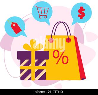 Shopping, sconti, regali. Messaggi relativi all'inizio della vendita. Illustrazione Vettoriale