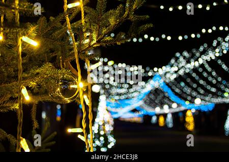 Luci colorate nel centro di Burgas. Luci e decorazioni per le vacanze di Natale. Alberi di Natale con luci. Foto Stock