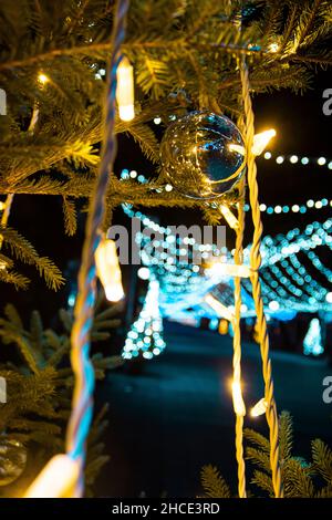 Luci colorate nel centro di Burgas. Luci e decorazioni per le vacanze di Natale. Alberi di Natale con luci. Foto Stock