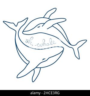 Whales humpback e lettere disegnate a mano frase minimalista semplice contorno vettore logo illustrazione. Disegno di balena a contorno isolato su sfondo bianco Illustrazione Vettoriale