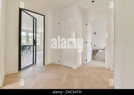 Corridoio con porte classiche bianche e moderne in vetro che conducono alla camera da letto e alla cucina in spazioso appartamento moderno e luminoso con parquet a casa Foto Stock