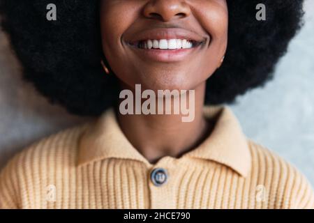 Raccolto di ritratto di anonima ragazza allegra afroamericana giovane con acconciatura afroamericana su sfondo grigio Foto Stock