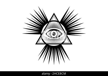 Sacro simbolo Masonico. Tutti gli occhi, il terzo occhio, l'occhio della Provvidenza, all'interno della piramide triangolare. Nuovo Ordine Mondiale. Icona nera alchimia, religione, s Illustrazione Vettoriale