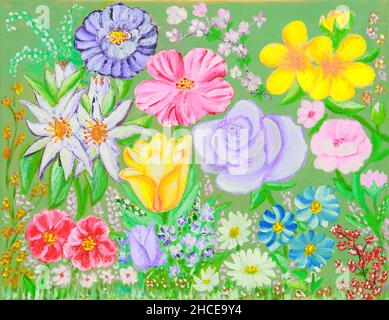 Dipinto ad olio su tela di raccolta di vari fiori in fioritura Foto Stock