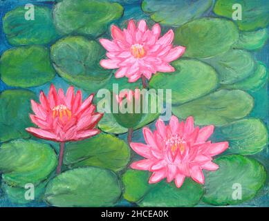 Dipinto ad olio su tela di quattro bellissimi rossi e rosa ninfee che fioriscono sulla superficie di lilypads in stagno Foto Stock