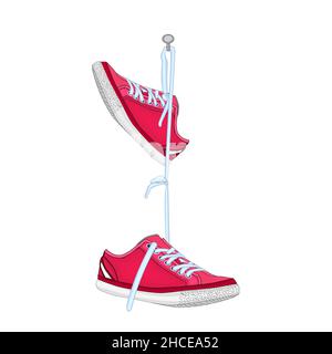 Scarpe appese su chiodo isolato su sfondo bianco.paio di scarpe sportive appendere su PEG.Red sneakers su Spike.Sport e scarpe universali casual. Vettore Illustrazione Vettoriale