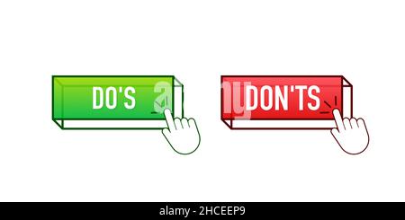 Pulsante Do s e Don ts. Simbolo piatto semplice con pollice in alto, set minimo di elementi rotondi per logotipo. Illustrazione vettoriale. Illustrazione Vettoriale