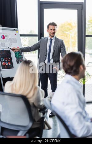 uomo d'affari sorridente in abbigliamento formale, indicando la lavagna a fogli mobili con un grafico vicino ai colleghi in primo piano sfocato Foto Stock