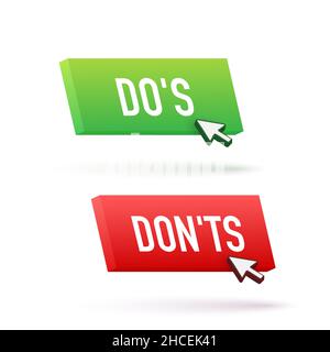 Pulsante Do s e Don ts. Simbolo piatto semplice con pollice in alto, set minimo di elementi rotondi per logotipo. Illustrazione vettoriale. Illustrazione Vettoriale