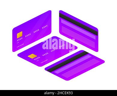 Modello di carta di credito viola su sfondo bianco. Vista isometrica. Illustrazione vettoriale. Illustrazione Vettoriale