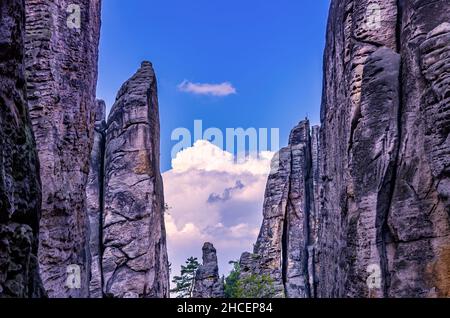 Paradiso bohemiano (Cesky Raj), Kalovehradecky kraj, Repubblica Ceca: Formazione di torri di roccia nelle rocce di Prachov (Prachovske Skaly). Foto Stock