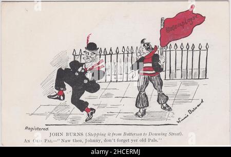 "John Burns (che passa da Battersea a Downing Street), un vecchio amico, "Naw Then, Johnny, non dimenticare yer Old Pals." Cartoon di Winnie Burnard, che mostra il politico liberale del Partito e sindacalista John Burns fare la passeggiata Lambeth, essendo accosted da un uomo di Cockney con una bandiera rossa con il titolo 'disoccupato'. John Burns è stato nel gabinetto come presidente del consiglio di amministrazione locale fra 1905-1914. Foto Stock