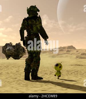 Il viaggiatore spaziale con un piccolo robot che esplora un nuovo pianeta - 3D rendering Foto Stock