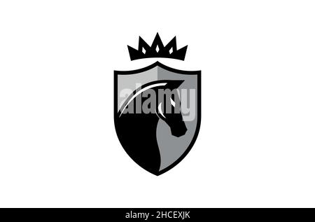 Grafica vettoriale del simbolo Creative Black Horse Shield Crown Logo Design Illustrazione Vettoriale