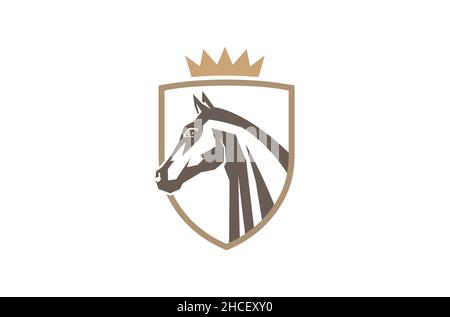 Creative scudo cavallo Crown Logo Design simbolo illustrazione vettoriale Illustrazione Vettoriale