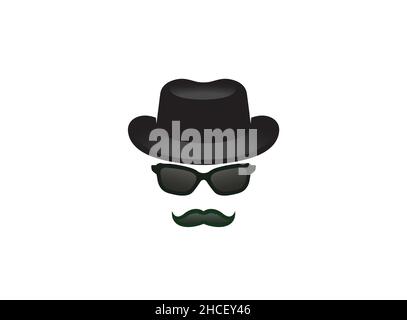 Creative detective grave viso baffi occhiali da sole Logo Vector Design Illustrazione Illustrazione Vettoriale