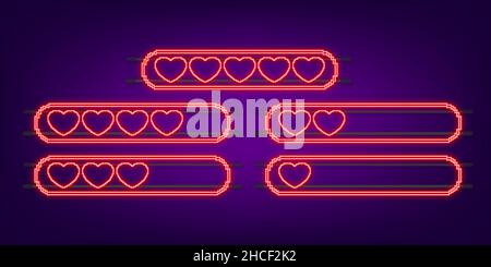 Barra di vita del gioco di pixel. Neon. Set vettoriale vintage. Sfondo vettoriale. Set di icone del cuore. Sfondo digitale. Illustrazione Vettoriale