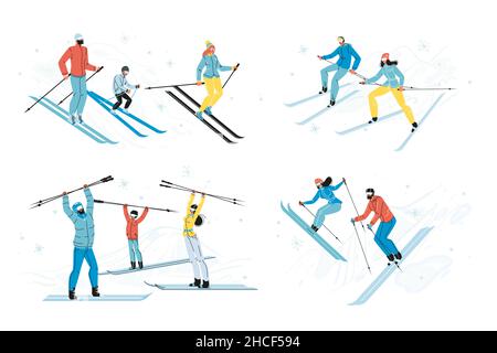 Gente felice sciatore neve personaggio isolato set Illustrazione Vettoriale