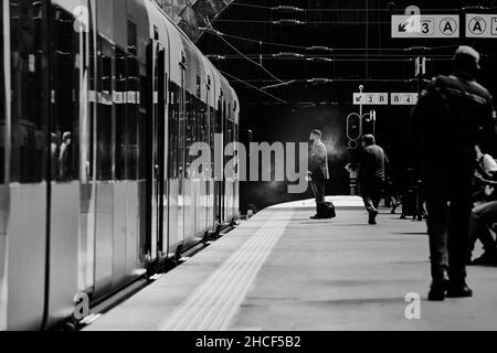 Fotografia in bianco e nero di una stazione ferroviaria con persone irriconoscibili e fumo sullo sfondo Foto Stock