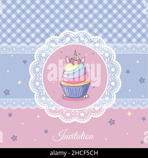 Vintage card con cupcake unicorno Illustrazione Vettoriale