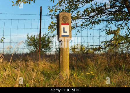 Indicatore stradale originale della Lincoln Highway del 1928 alla luce del mattino. Ashton, Illinois, Stati Uniti. Foto Stock