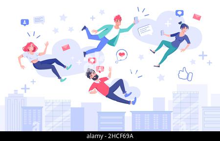 Persone diverse che hanno una connessione di rete sociale in volo sulla città Illustrazione Vettoriale