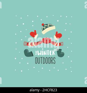 Inverno all'aperto divertimento minimal design vettoriale icona. Abbigliamento invernale carino set minimal design elemento. Illustrazione Vettoriale