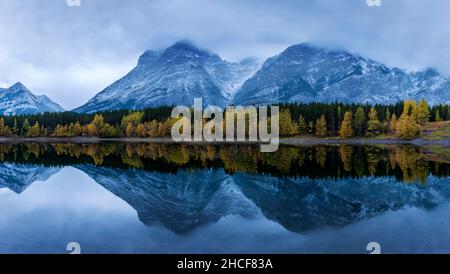 I colori dell'albero autunnale si riflettono in una Sterlina Glaciale, Alberta, Canada Foto Stock