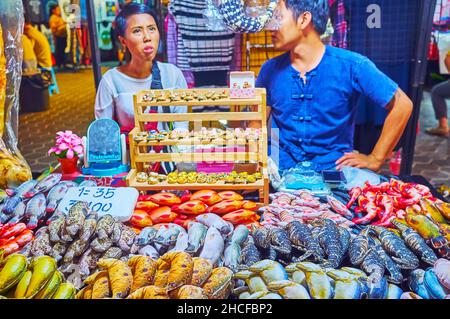 CHIANG mai, THAILANDIA - 4 MAGGIO 2019: La bancarella all'aperto nel mercato notturno di Saturaday offre magneti e giocattoli imbottiti in forma di pesci, shimmins, calamari Foto Stock