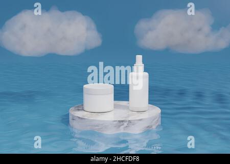 Set di cosmetici sul podio in marmo sull'acqua. illustrazione 3d. Foto Stock