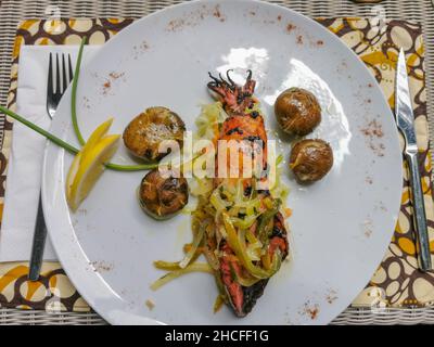 Sano piatto di seppie alla griglia farcito con verdure, peperoni verdi e cipolla, patate al forno e fetta di limone ... Foto Stock