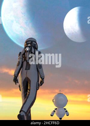 Il viaggiatore spaziale con un piccolo robot che esplora un nuovo pianeta - 3D rendering Foto Stock