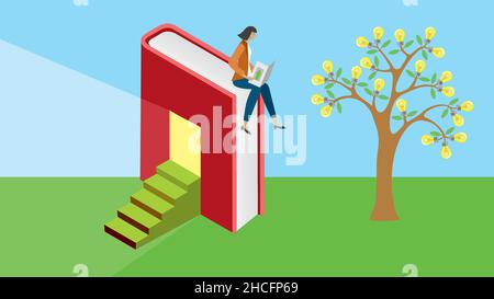 Donna seduta sul libro con porta d'ingresso alla conoscenza. Albero con lampadine. Illustrazione vettoriale. Dimensione 16:9. Illustrazione Vettoriale