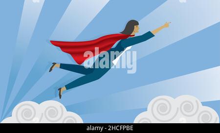 Superwoman determinò di andare più in alto. Illustrazione vettoriale. Dimensione 16:9. EPS10. Illustrazione Vettoriale