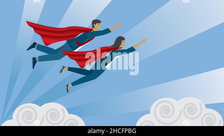 Superman e Superman determinarono di andare più in alto. Illustrazione vettoriale. Dimensione 16:9. EPS10. Illustrazione Vettoriale