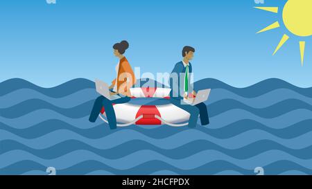 Sicurezza. Galleggiare sulla vita. Uomo e donna. Illustrazione vettoriale. Illustrazione Vettoriale