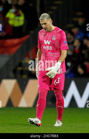 Londra, Regno Unito. 28th Dic 2021. Vicente Guaita di Crystal Palace durante la partita della Premier League tra Crystal Palace e Norwich City a Selhurst Park, Londra, Inghilterra, il 28 dicembre 2021. Foto di Carlton Myrie. Solo per uso editoriale, licenza richiesta per uso commerciale. Nessun utilizzo nelle scommesse, nei giochi o nelle pubblicazioni di un singolo club/campionato/giocatore. Credit: UK Sports Pics Ltd/Alamy Live News Foto Stock