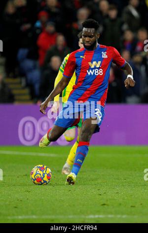 Londra, Regno Unito. 28th Dic 2021. Odsonne Edouard di Crystal Palace durante la partita della Premier League tra Crystal Palace e Norwich City a Selhurst Park, Londra, Inghilterra, il 28 dicembre 2021. Foto di Carlton Myrie. Solo per uso editoriale, licenza richiesta per uso commerciale. Nessun utilizzo nelle scommesse, nei giochi o nelle pubblicazioni di un singolo club/campionato/giocatore. Credit: UK Sports Pics Ltd/Alamy Live News Foto Stock