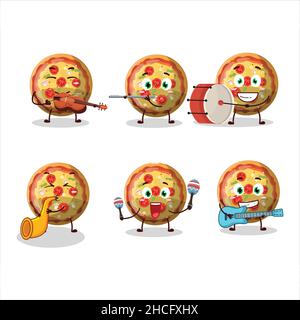 Personaggio cartoon di caramella gummy pizza che suona alcuni strumenti musicali. Illustrazione vettoriale Illustrazione Vettoriale