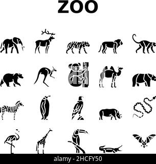 Zoo Animali, uccelli e serpenti icone Set Vector Illustrazione Vettoriale