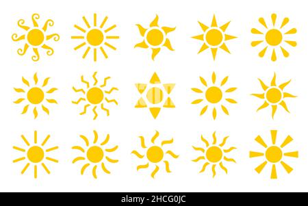 Sun timbro boho tatuaggio etnia badge giallo piatto set. Adesivo trendy tempo simbolo stilizzato design mistico decor copertina adesivo social network storie collage stampa minima raggi ethno isolato su bianco Illustrazione Vettoriale