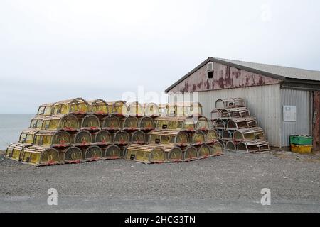 Morristown, Nuova Scozia, Canada, dicembre 25 2021. Trappole di granchio giallo di legno. Luke Durda/Alamy Foto Stock