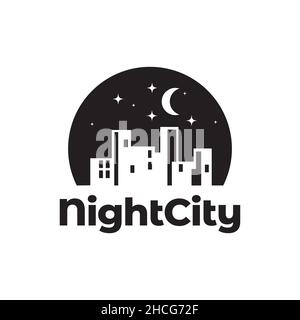 spazio negativo notte città con luna logo design vettore grafico simbolo icona segno illustrazione idea creativa Illustrazione Vettoriale