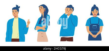 Gruppo di giovani adolescenti personaggio maschile e femminile indossando abiti blu in diversa posa. Diversità e unità nelle persone. Set di raccolta del vettore piatto Illustrazione Vettoriale