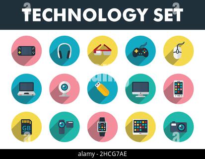 Set di icone futuristiche e vecchie apparecchiature elettroniche. Oggetto tecnologico che include computer, controller di gioco, telefono e altri gadget. Illustrazione del vettore piatto Illustrazione Vettoriale