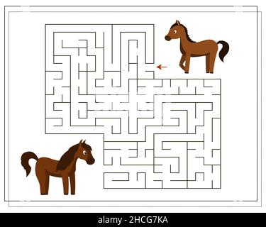 Un gioco di puzzle, passare attraverso il labirinto. Aiutami a camminare attraverso il labirinto fino a mia mamma. Gli animali da fattoria sono un cavallo e un nemico Illustrazione Vettoriale