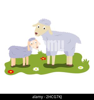 Carino illustrazione di cartoni animati di mamma e bambini, animali da fattoria pecore e vitello. Vettore isolato su sfondo bianco Illustrazione Vettoriale