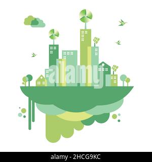 città eco-compatibile con il concetto di "go green". Uso moderno dell'energia naturale per preservare l'energia e uno stile di vita più sano nel prossimo futuro. Vettore piatto Illustrazione Vettoriale