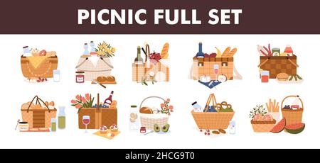 Set completo di diversi cibi e bevande in un cestino per picnic. Illustrazione del vettore piatto isolato su sfondo bianco Illustrazione Vettoriale